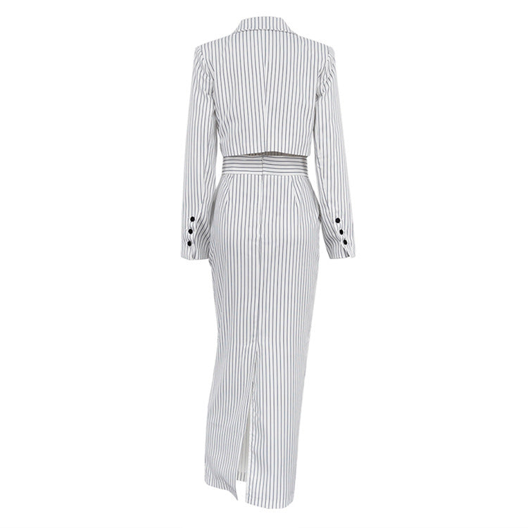 Striped Turn Down Collar Blazer + Split Skirt Sets