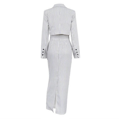 Striped Turn Down Collar Blazer + Split Skirt Sets