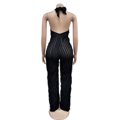 Ruffles Deep V-neck Halter Backless Wide Leg Jumpsuits