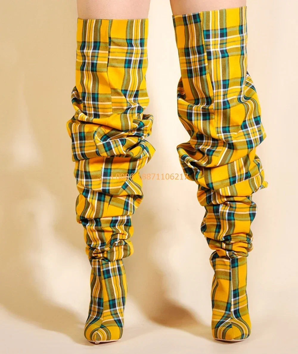 Plaid Over Knee Pointed Model Catwalk Stilettos Boots