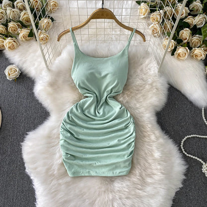 Spaghetti Strap Pleated Temperament Mini Dresses