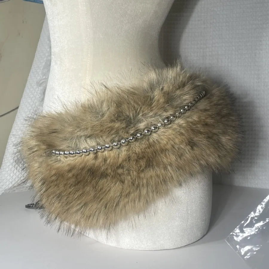 Riri Retro Rabbit Fur Belt Y2K Metal Bead Chain Plush Waist Faux Fur Vintage Waistband Punk Belt