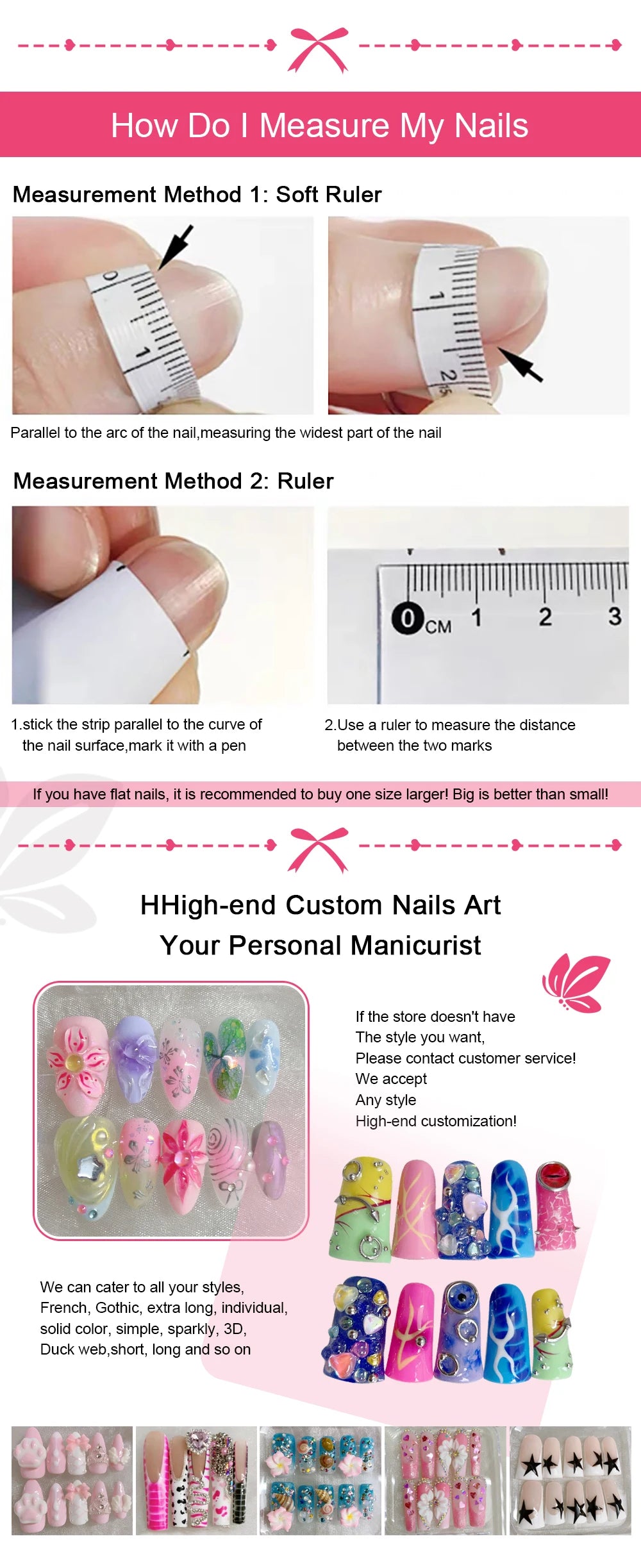 3D Handmade Long Coffin Stiletto Fake Nail Flowers Cat's Heart Diamond Metal Bow