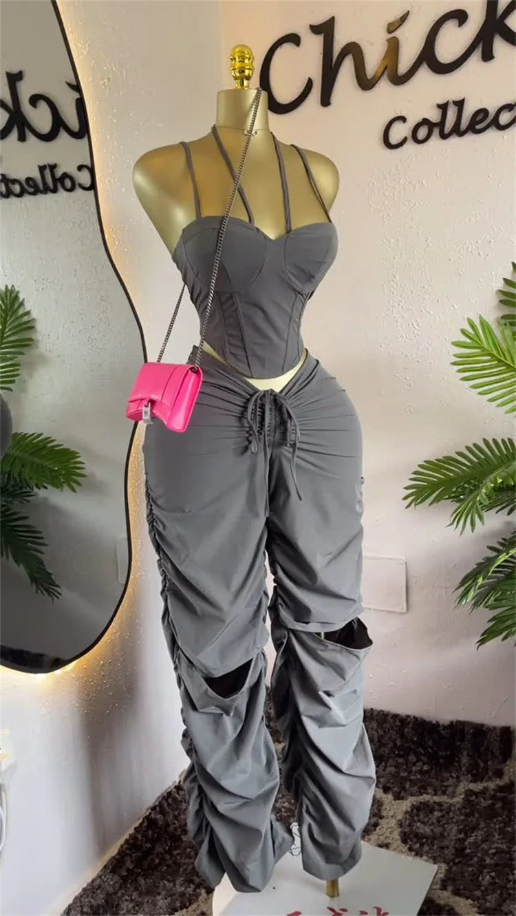 Strap Tunic Crop Tops + Stacked Ruched Pant Sets