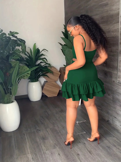 European and American Fashion Sling Low-cut Ruffled Mini Dress