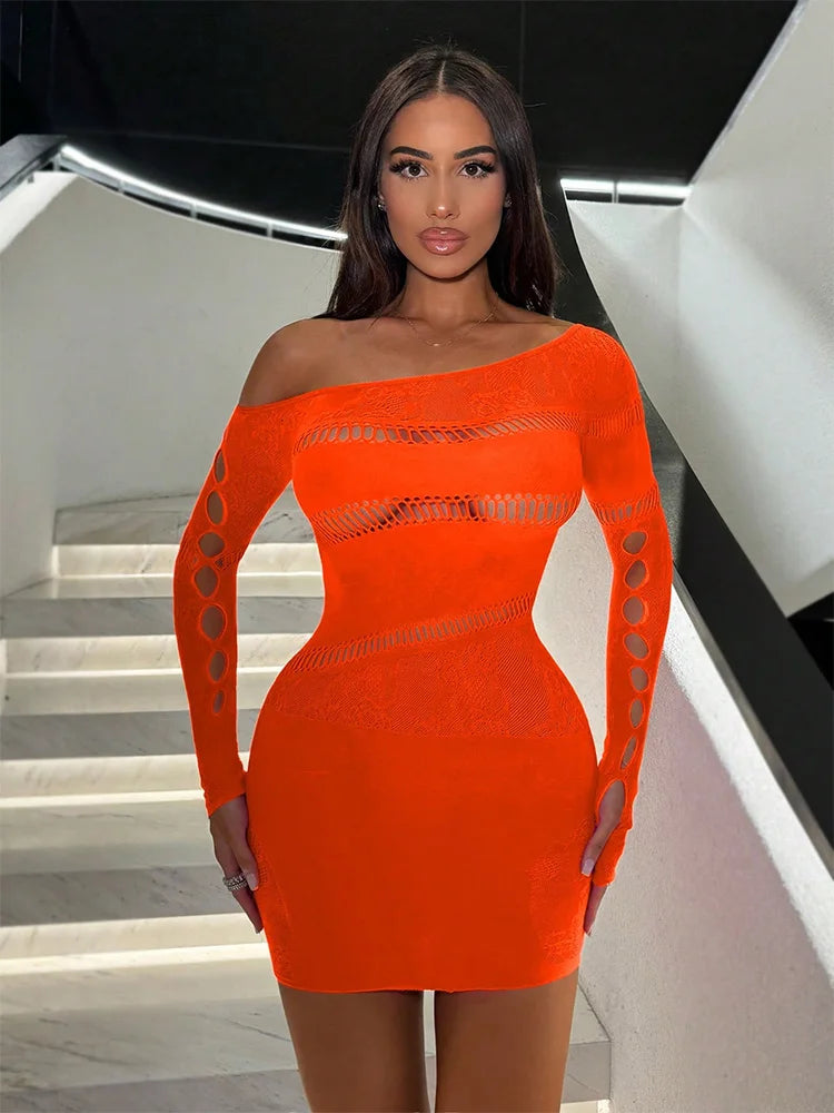 Stretchy Hollow Out Mesh Bodycon Long Sleeve See Through Night Lingerie