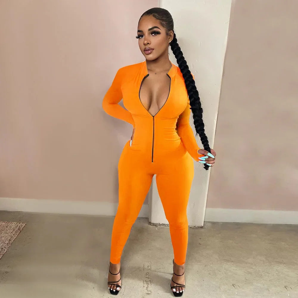 Deep V Bodycon Rompers Womens Jumpsuit Sport Suit Fashion Zip Up Long Pants Overalls Fitness Set