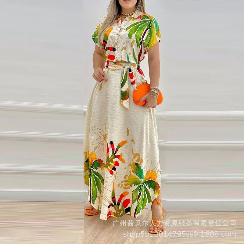 Tropical Print Crop Top + Maxi Skirt Sets