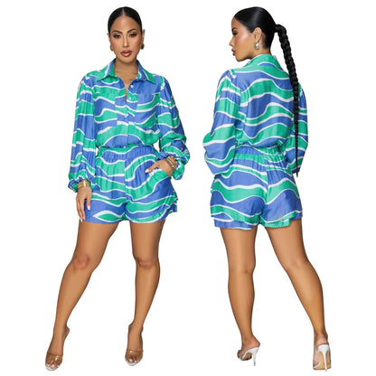 Collar Button Long Sleeve Shirt Top + Short Sets