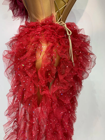 Strapless Ruffles Bodycon Maxi High Split Outfits