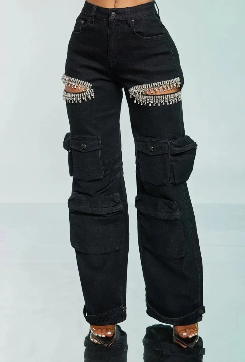 Nadia Cutout Diamonds Crystal Multi Pocket High Waist Wide Leg Jeans