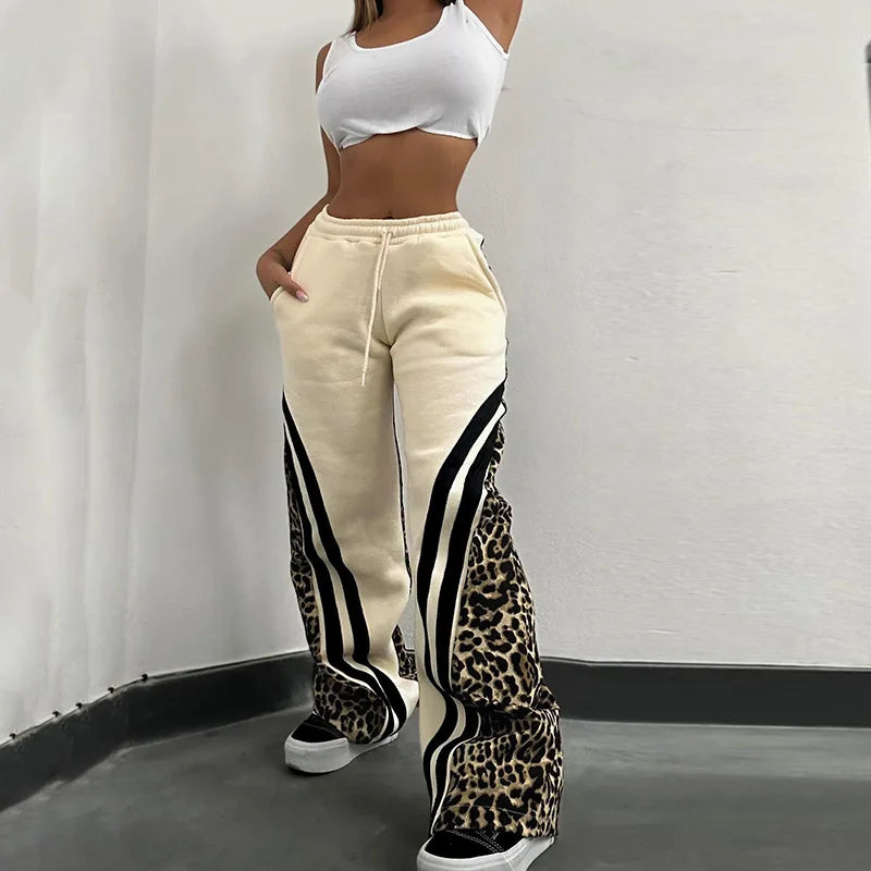 Sophie Leopard Printed Striped Wide Leg Sweatpants High Waisted Straight Trouser