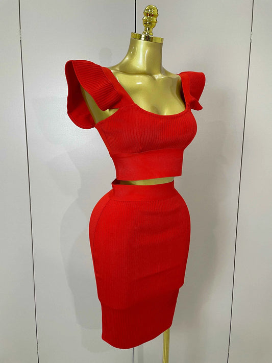 Celebrity Ruffles Red Bandage Skirt Sets