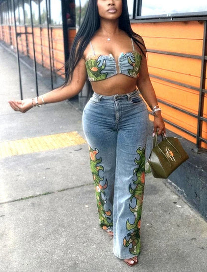 Denim Floral Printed Crop Top + Wide Leg Jeans Pant Sets