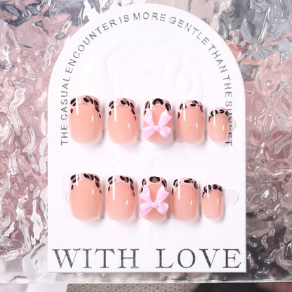 24Pcs Pink Leopard Print French Tips False Nails Short Square Head 3D Black Bowknot Fake Nails Acrylic Full Cover Press on Nails