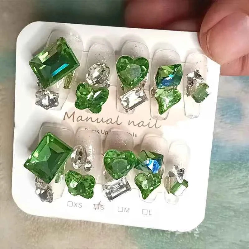 10pcs High Quality Press on Nails Green Starry Sky Shining Eyes Nail Equipment Nails