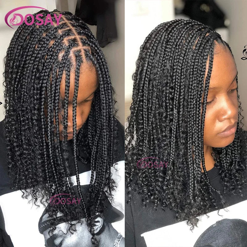 Sue Synthetic Curly Wigs Short Bob 360 Full Lace Braids Wigs 12 Inch Boho Knotless Braided Wigs Goddess Box Wig Pre-Pluck Baby Hair