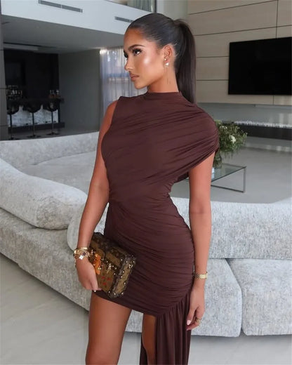 Elegant Turtleneck Sleeveless High Waist Pleated Dresses