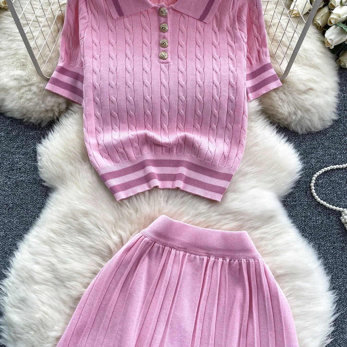 Newest Knitting Two Pieces Sets Button Vintage Basic Tops + High Waist Pleated Skirt Women Fashion 2pcs Suits