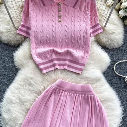 Newest Knitting Two Pieces Sets Button Vintage Basic Tops + High Waist Pleated Skirt Women Fashion 2pcs Suits