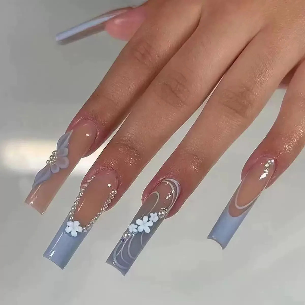 24Pcs Gold French Border False Nails Long Coffin False Nails with Rhinestones Ballerina Full Cover Nail Tips Press on Nails