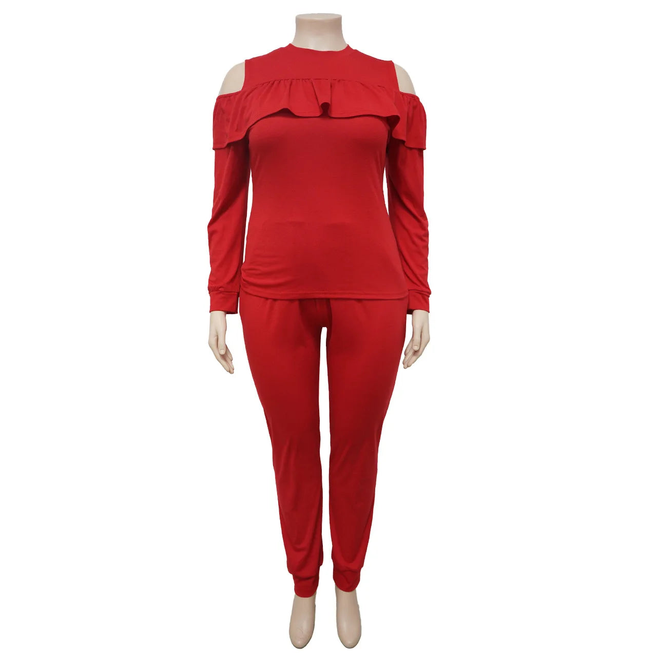 Two 2 Piece Set Cutout Shoulder Ruffles Front Sweatshirt and Pants Tracksuit