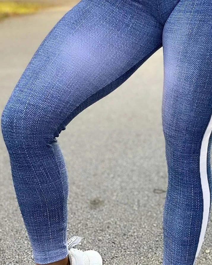 Sajira Denim Look Print High Waist Tummy Control Butt Lift Leggings (Sporty)