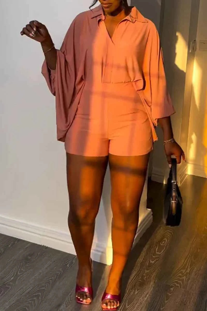 Solid Batwing Sleeve Loose Shirt Top + Shorts Casual Matching Sets