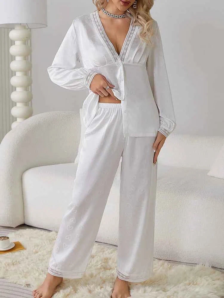 Satin Trousers + V-Neck Comfortable Jacquard Pajama Sets