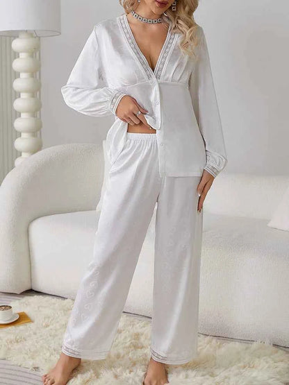 Satin Trousers + V-Neck Comfortable Jacquard Pajama Sets