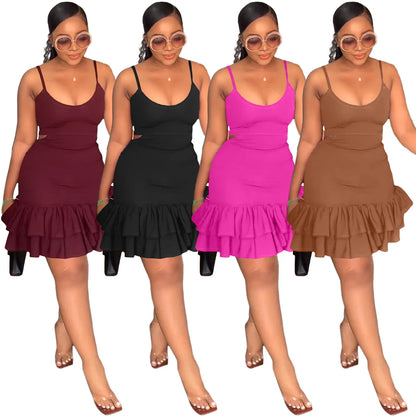 European and American Fashion Sling Low-cut Ruffled Mini Dress