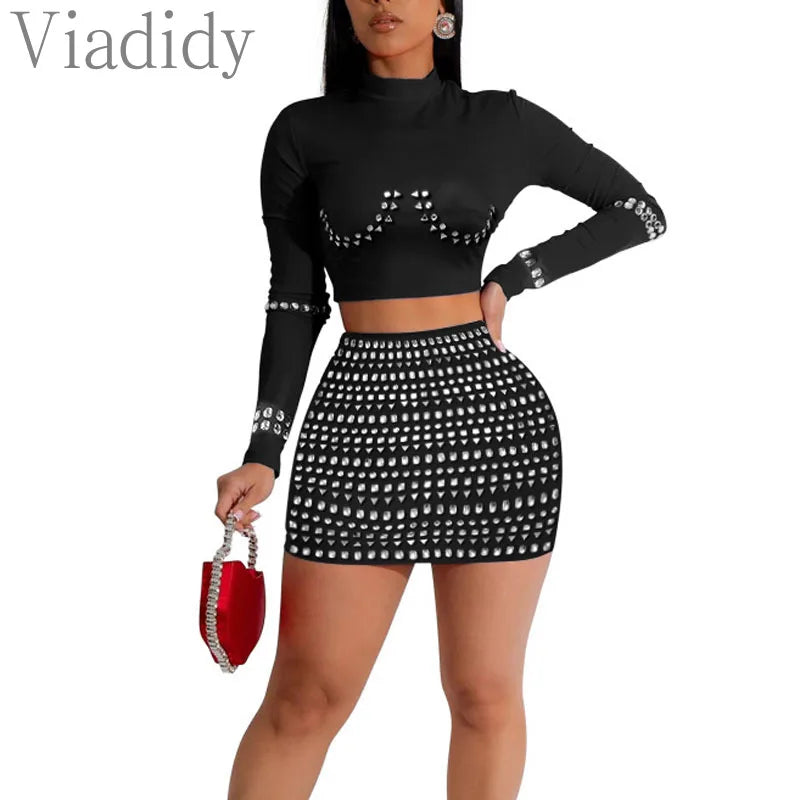 Kizzy Long Sleeve Rhinestone Top and High Waist Mini Skirt (2pcs Set)