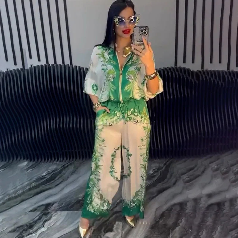 Flower Print Top + Drawstring Trousers Two-piece Suits