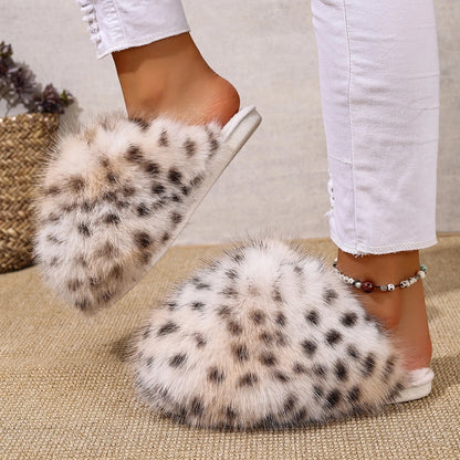 Faux Fur Leopard Pattern Soft Sole Indoor Ladies Shoes