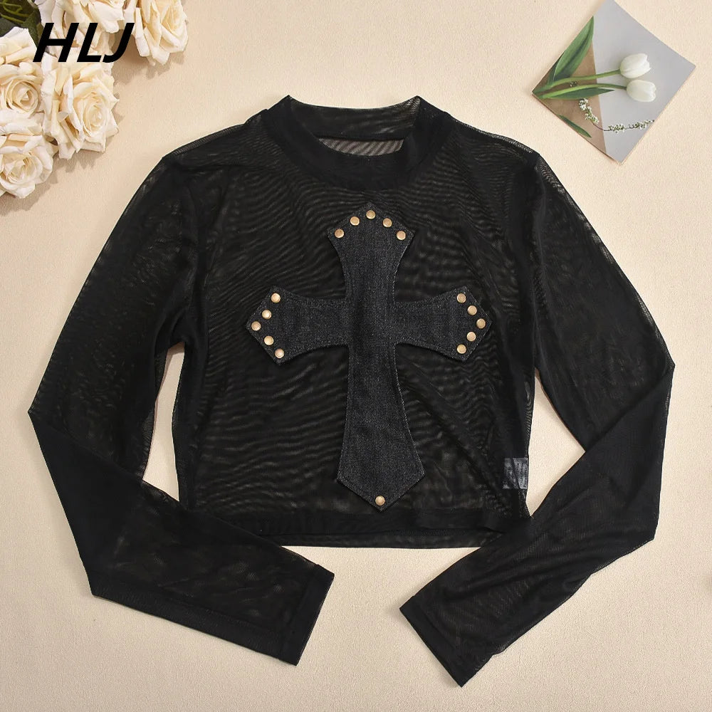 HLJ Black Sexy New Mesh Embroidery Perspective Two Piece Sets Women Round Neck Long Sleeve Slim Crop Top And Mini Skirts Outfits