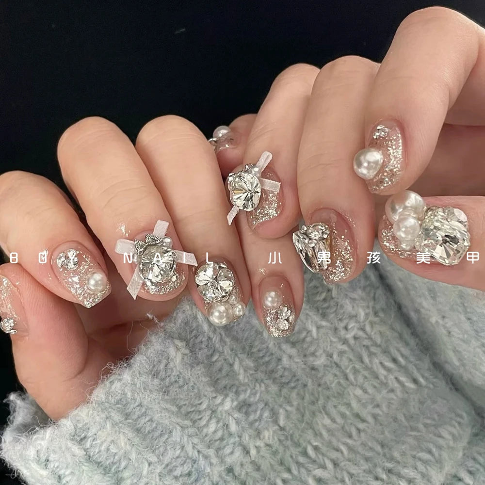 10Pcs Luxury Court Handmade Long Stiletto Full Cover Nails 3D Spice Girl Sparkling Diamond Bow Pearl Flowers Wearable Fake Nails