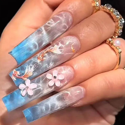 24Pcs Long Ballet False Nails Pink Butterfly with Rhinestones French Design Wearable Fake Nails Glitter Press on Nails Tips Art