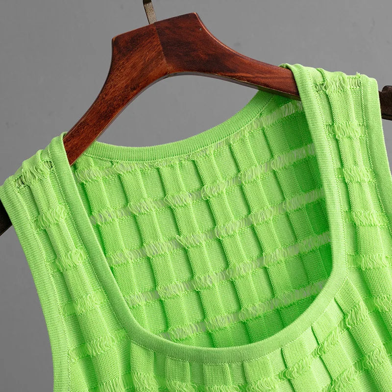 Knit Long Skirts + Straight Casual Spliced Round Neck Vest Sleeveless Tanks Sets