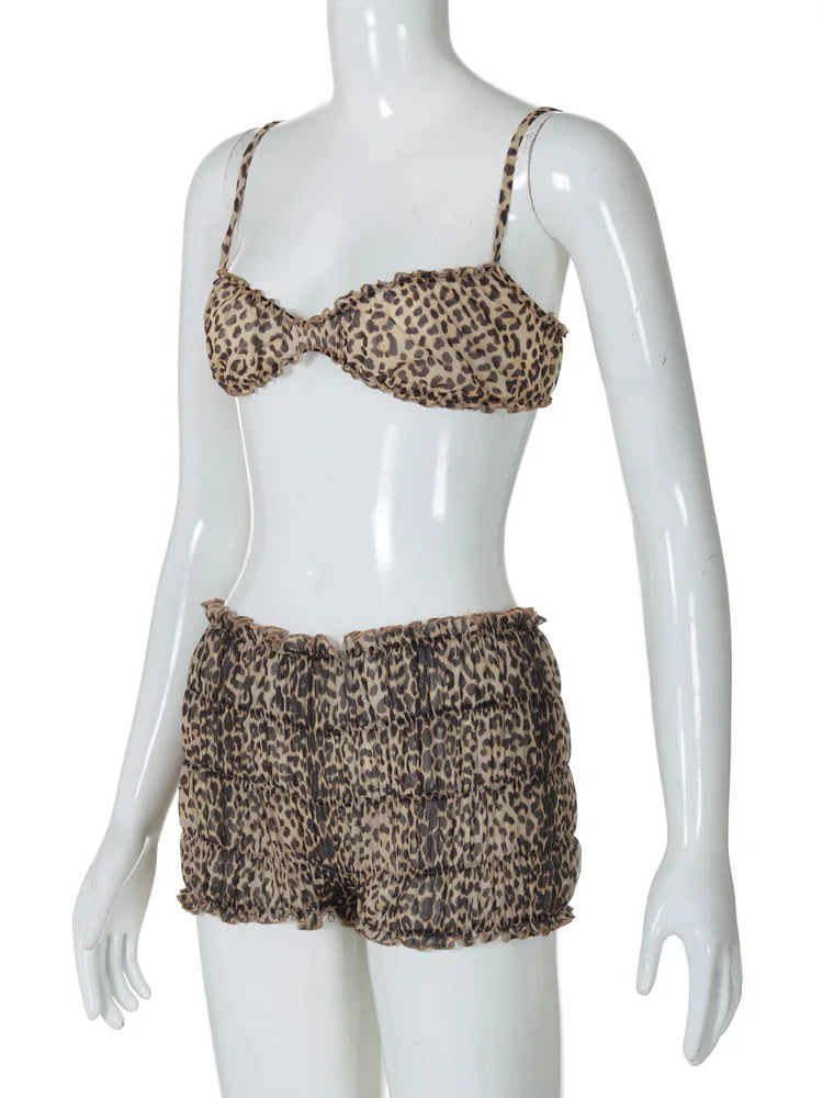 Amanda Leopard Ruffle Bra Crop Tops + Low Waist Short Sets