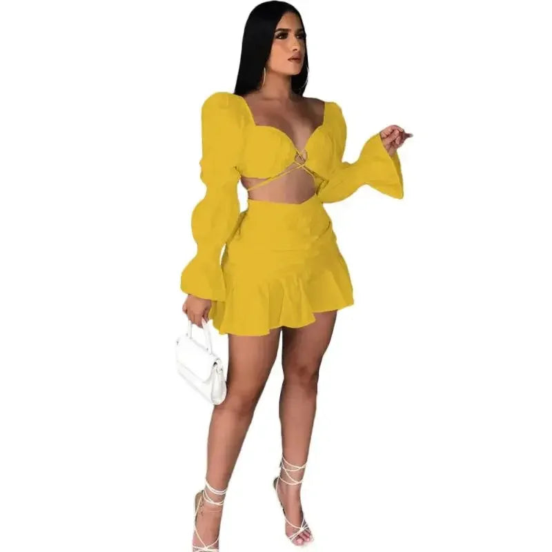 Angel V Neck Crop Top Ruffle Skirt +Top Set