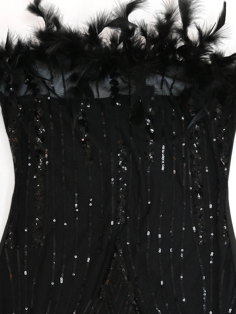 Lila Black Sequin Elegant Glitter Feather Short Sheer Mesh Strapless Bodycon Mini Dress