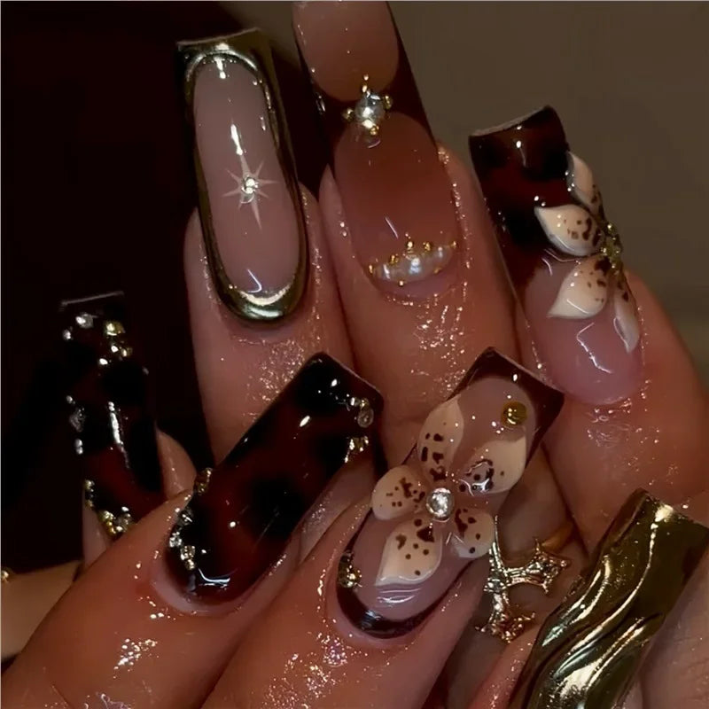24Pcs Long Square Press on Nails Leopard Print French 3D Cherry Design False Nail Rhinestone Wearable Full Cover Fake Nails Tips