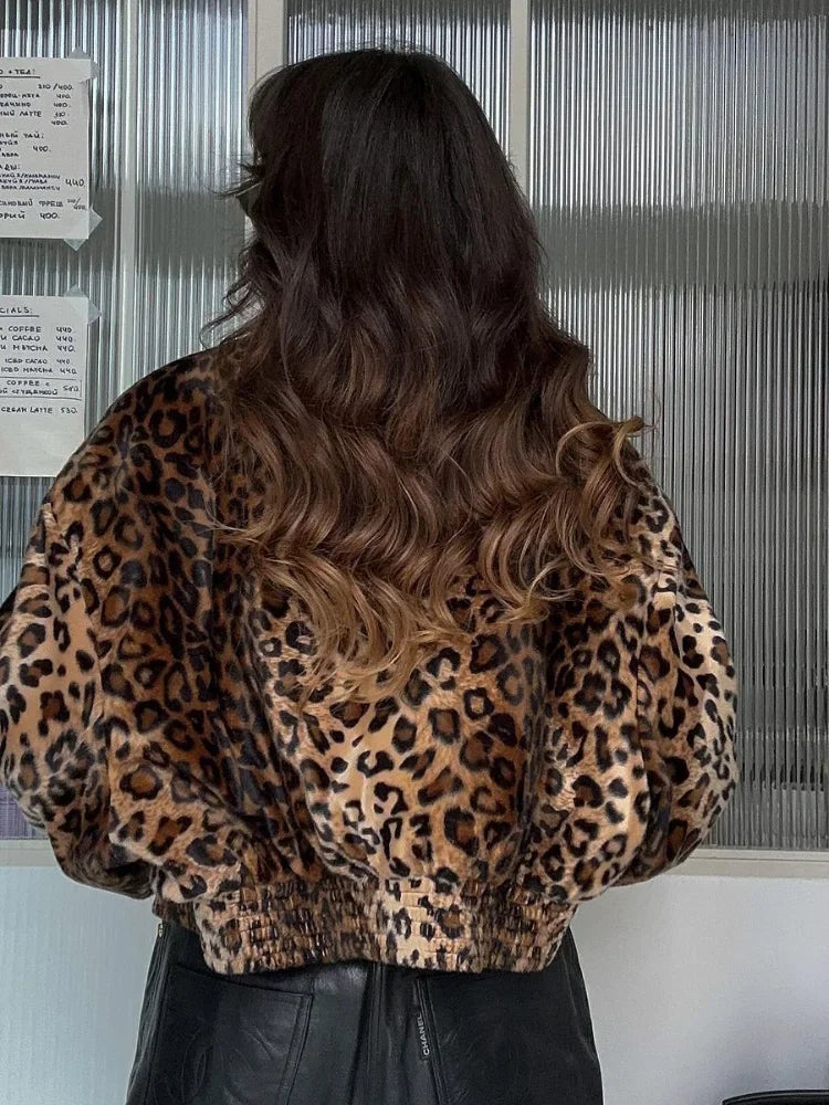 Vanity Leopard Print Zipper Long Sleeve Cropped Coat