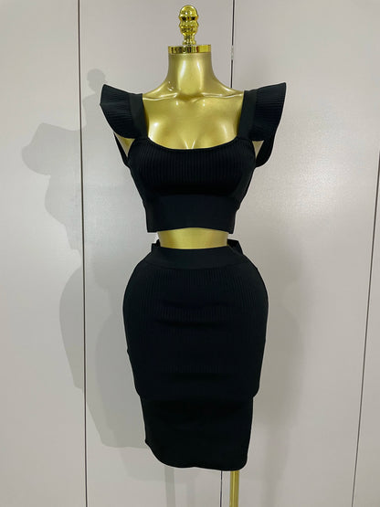 Celebrity Ruffles Red Bandage Skirt Sets