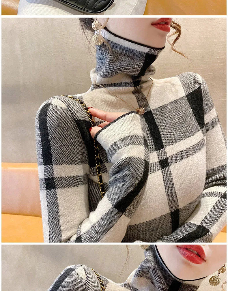 Kyli's Basic Soft Elastic Slim Turtleneck Wool Knitted Sweaters (Vintage Plaid)