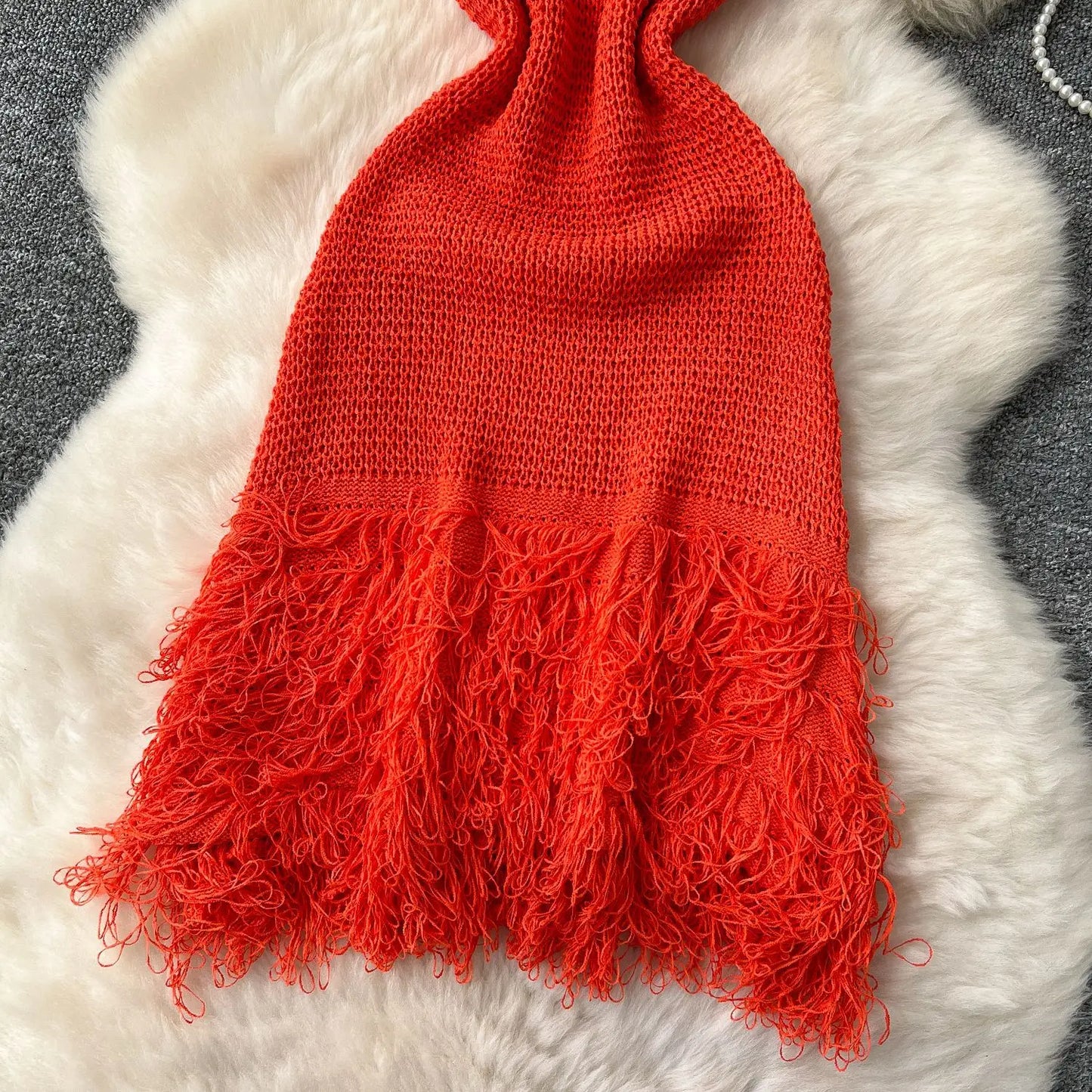 Sleeveless Tassels Hem Bodycon Mini Knitted Dress