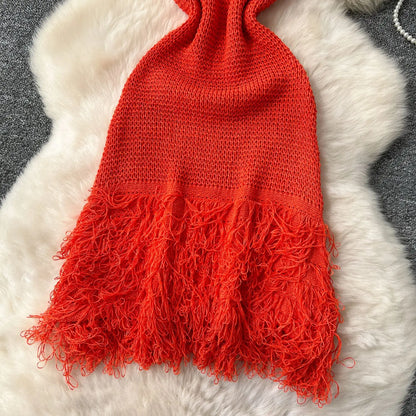 Sleeveless Tassels Hem Bodycon Mini Knitted Dress