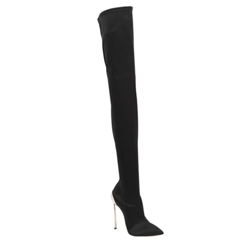 Aubrey Stretch Fabric Metal Thin Heels Over the Knee ee Boots