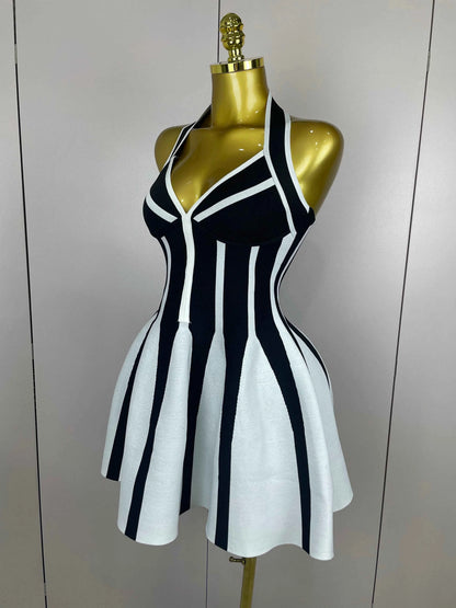 Celebrity Elegant Evening  Backless Black White Stripes Halter Bandage A Line Mini Dresses