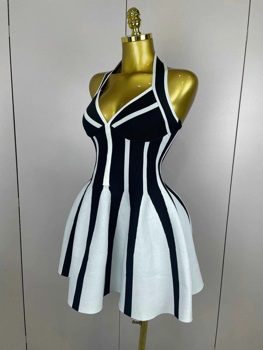 Celebrity Elegant Evening  Backless Black White Stripes Halter Bandage A Line Mini Dresses